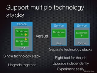 @crichardson
Support multiple technology
stacks
Service
Python
Service
Java
Service
JVM
Subdomain
A
Subdomain
A
Subdomain
B
Subdomain
B
Single technology stack
Upgrade together
Separate technology stacks
Right tool for the job
Upgrade independently
Experiment easily
versus
 