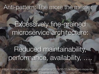 @crichardson
Anti-pattern: The more the merrier
Excessively
fi
ne-grained
microservice architecture:
Reduced maintainability,
performance, availability, ….
https://microservices.io/post/antipatterns/2019/05/21/antipattern-more-the-
merrier.html
 