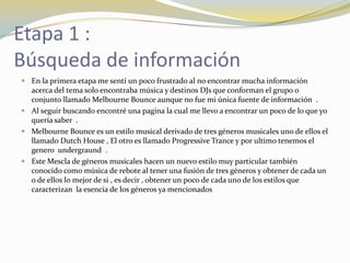 Etapa 1 :
Búsqueda de información
 En la primera etapa me sentí un poco frustrado al no encontrar mucha información
acerca del tema solo encontraba música y destinos DJs que conforman el grupo o
conjunto llamado Melbourne Bounce aunque no fue mi única fuente de información .
 Al seguir buscando encontré una pagina la cual me llevo a encontrar un poco de lo que yo
quería saber .
 Melbourne Bounce es un estilo musical derivado de tres géneros musicales uno de ellos el
llamado Dutch House , El otro es llamado Progressive Trance y por ultimo tenemos el
genero undergraund .
 Este Mescla de géneros musicales hacen un nuevo estilo muy particular también
conocido como música de rebote al tener una fusión de tres géneros y obtener de cada un
o de ellos lo mejor de si , es decir , obtener un poco de cada uno de los estilos que
caracterizan la esencia de los géneros ya mencionados
 