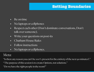 Setting Boundaries
THEREwasawall.Itdidnotlookimportant.Itwas
builtofuncutrocksroughlymortared.Anadultcould
lookrightoverit,andevenachildcouldclimbit.Where
itcrossedtheroadway,insteadofhavingagateit
degeneratedintomeregeometry,aline,anideaof
boundary.Buttheideawasreal.Itwasimportant.For
sevengenerationstherehadbeennothingintheworld
moreimportantthanthatwall.
Likeallwallsitwasambiguous,two-faced.Whatwas
insideitandwhatwasoutsideitdependeduponwhich
sideofityouwereon.
-UrsulaLeGuinTheDispossessed
 