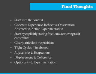Ritual Dissent
• Theapproachinvolvesaspokesperson(forateam)presentinga
seriesofconceptstoagroupofstakeholderswholistensinsilence.
• Spokespersononlyhas5minutestoprepare,5minutestopresent
• Teammustimaginetheyareagroupofstakeholdershearingapitch
tofundanewinitiativetobeaddedtotheportfolio
• Noquestionscanbeaskedofthespokesperson
• Spokespersonmustfaceawayfromstakeholders,andlistenwhilst
takingnotes.Theycannotchallengeanycritique.
• Stakeholdersmustfindallthethingswrongwiththeconcept,whyit
solvesnoproblem,theproblemisnotworthsolving,theconceptis
notelegant,requirestoomanyresources,etc…
• Absolutelynothingpositivecanbesaidaboutthesolution
• Onlydissenttheconcept,notthepeople.
From “Ritual Dissent,” David Snowden, Cognitive Edge
 