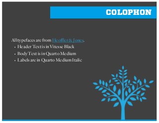 COLOPHON
All typefaces are from Heoffler & Jones.
§ Header Text is in Vitesse Black
§ Body Text is in Quarto Medium
§ Labels are in Quarto Medium Italic
 