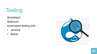 Testing
Simpletest
Selenium
Automated testing with
• Jenkins
• Behat
 