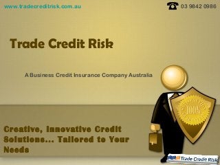 Trade Credit Risk
Creative, Innovative Credit
Solutions... Tailored to Your
Needs
03 9842 0986www.tradecreditrisk.com.au
A Business Credit Insurance Company Australia
 