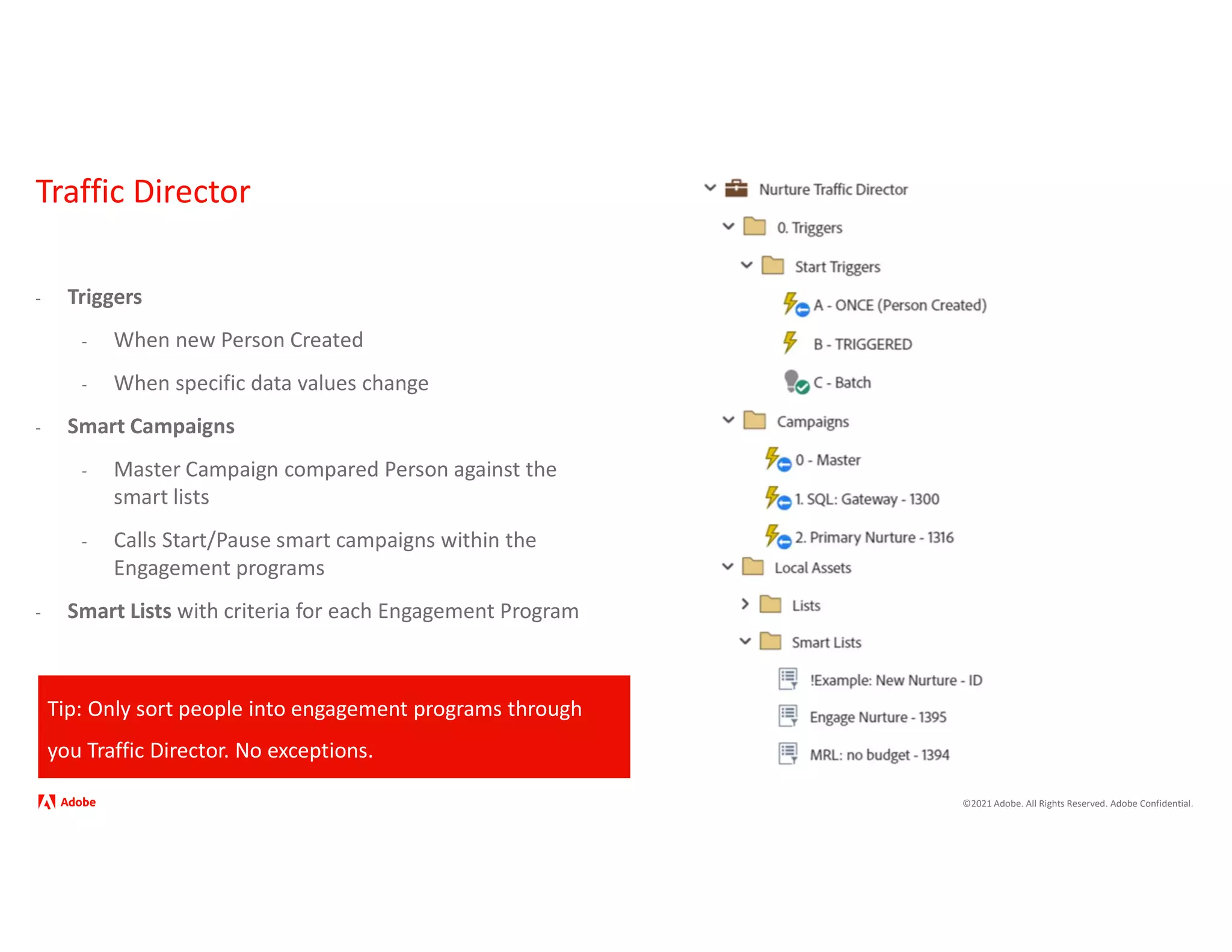 ©2021 Adobe. All Rights Reserved. Adobe Confidential.
Traffic Director
- Triggers
- When new Person Created
- When specific data values change
- Smart Campaigns
- Master Campaign compared Person against the
smart lists
- Calls Start/Pause smart campaigns within the
Engagement programs
- Smart Lists with criteria for each Engagement Program
Tip: Only sort people into engagement programs through
you Traffic Director. No exceptions.
 