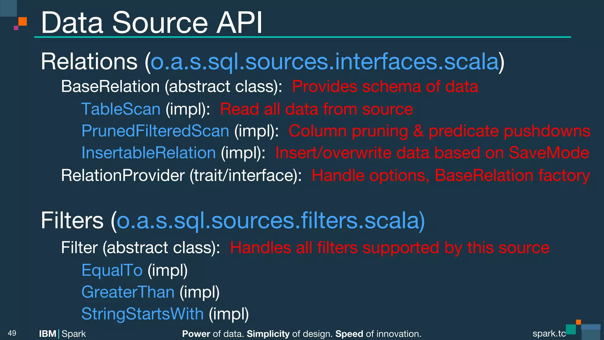 Power of data. Simplicity of design. Speed of innovation.
IBM Spark
 spark.tc
spark.tc
Power of data. Simplicity of design. Speed of innovation.
IBM Spark
Data Source API
Relations (o.a.s.sql.sources.interfaces.scala)

BaseRelation (abstract class): Provides schema of data

 
TableScan (impl): Read all data from source 


 
PrunedFilteredScan (impl): Column pruning & predicate pushdowns

 
InsertableRelation (impl): Insert/overwrite data based on SaveMode

RelationProvider (trait/interface): Handle options, BaseRelation factory

Filters (o.a.s.sql.sources.ﬁlters.scala)

Filter (abstract class): Handles all ﬁlters supported by this source

 
EqualTo (impl)

 
GreaterThan (impl)

 
StringStartsWith (impl)
49
 