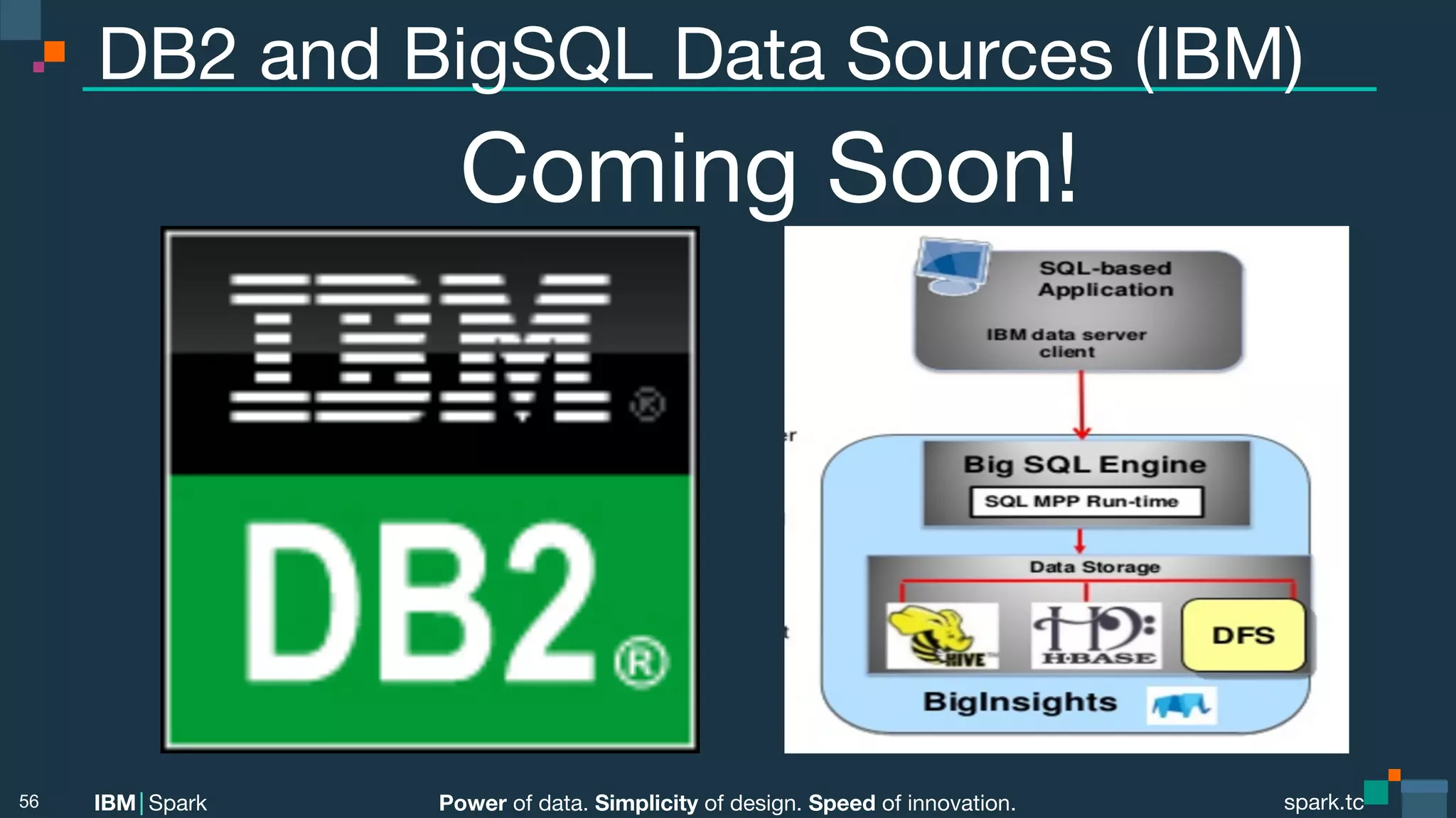 Power of data. Simplicity of design. Speed of innovation.
IBM Spark
 spark.tc
spark.tc
Power of data. Simplicity of design. Speed of innovation.
IBM Spark
DB2 and BigSQL Data Sources (IBM)
Coming Soon!
56
 