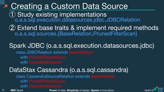Power of data. Simplicity of design. Speed of innovation.
IBM Spark
 spark.tc
spark.tc
Power of data. Simplicity of design. Speed of innovation.
IBM Spark
Creating a Custom Data Source
① Study existing implementations

o.a.s.sql.execution.datasources.jdbc.JDBCRelation
② Extend base traits & implement required methods

o.a.s.sql.sources.{BaseRelation,PrunedFilterScan}

Spark JDBC (o.a.s.sql.execution.datasources.jdbc)

 class JDBCRelation extends BaseRelation

 
with PrunedFilteredScan 


 
with InsertableRelation
DataStax Cassandra (o.a.s.sql.cassandra)

 class CassandraSourceRelation extends BaseRelation

 
with PrunedFilteredScan 


 
with InsertableRelation!
57
 