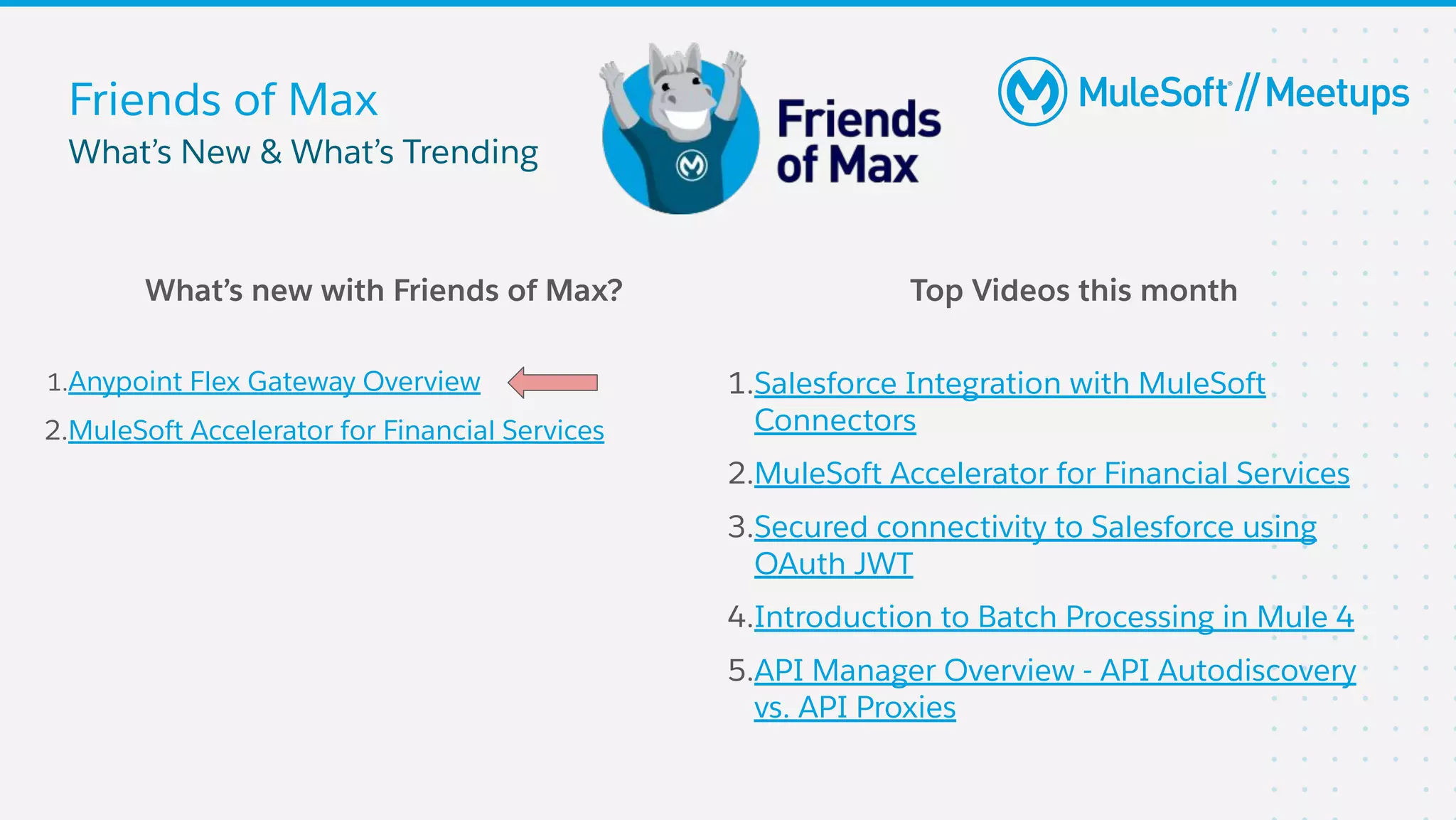 1.Salesforce Integration with MuleSoft
Connectors
2.MuleSoft Accelerator for Financial Services
3.Secured connectivity to Salesforce using
OAuth JWT
4.Introduction to Batch Processing in Mule 4
5.API Manager Overview - API Autodiscovery
vs. API Proxies
Friends of Max
1.Anypoint Flex Gateway Overview
2.MuleSoft Accelerator for Financial Services
What’s New & What’s Trending
What’s new with Friends of Max? Top Videos this month
 