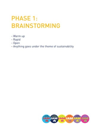 PHASE 1:
BRAINSTORMING
- Warm up
- Rapid
- Open
- Anything goes under the theme of sustainability
 