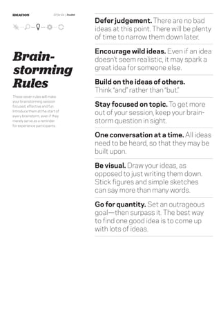 IDEATION                  DT for Ed | Toolkit

                                                Defer judgement. There are no bad
                                                ideas at this point. There will be plenty
                                                of time to narrow them down later.

                                                Encourage wild ideas. Even if an idea
Brain-                                          doesn’t seem realistic, it may spark a
storming                                        great idea for someone else.

Rules                                           Build on the ideas of others.
                                                Think “and” rather than “but.”
These seven rules will make
your brainstorming session
focused, effective and fun.                     Stay focused on topic. To get more
Introduce them at the start of
every brainstorm, even if they
                                                out of your session, keep your brain-
merely serve as a reminder                      storm question in sight.
for experience participants.


                                                One conversation at a time. All ideas
                                                need to be heard, so that they may be
                                                built upon.

                                                Be visual. Draw your ideas, as
                                                opposed to just writing them down.
                                                Stick ﬁgures and simple sketches
                                                can say more than many words.

                                                Go for quantity. Set an outrageous
                                                goal—then surpass it. The best way
                                                to ﬁnd one good idea is to come up
                                                with lots of ideas.
 