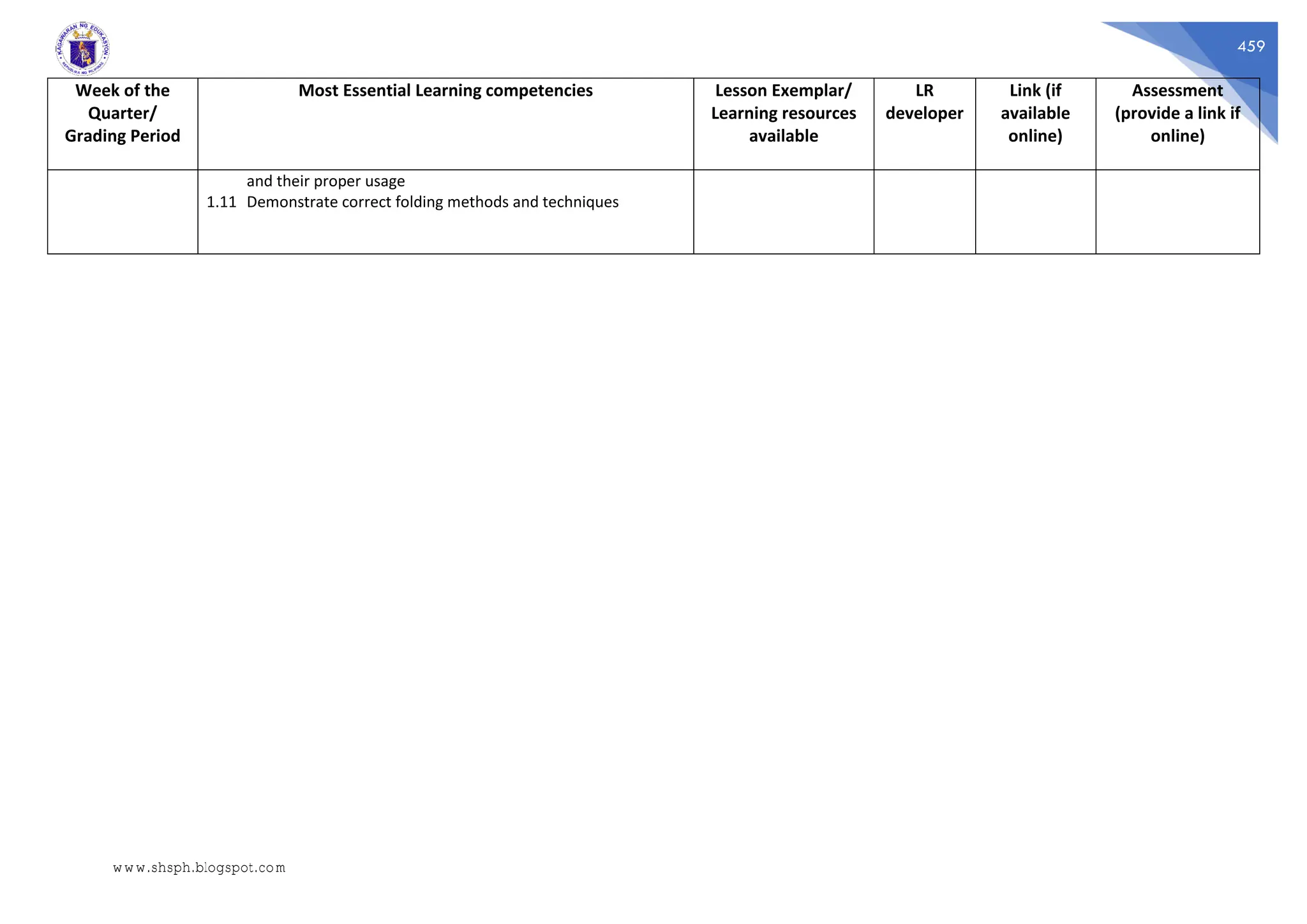 459
Week of the
Quarter/
Grading Period
Most Essential Learning competencies Lesson Exemplar/
Learning resources
available
LR
developer
Link (if
available
online)
Assessment
(provide a link if
online)
and their proper usage
1.11 Demonstrate correct folding methods and techniques
www.shsph.blogspot.com
 