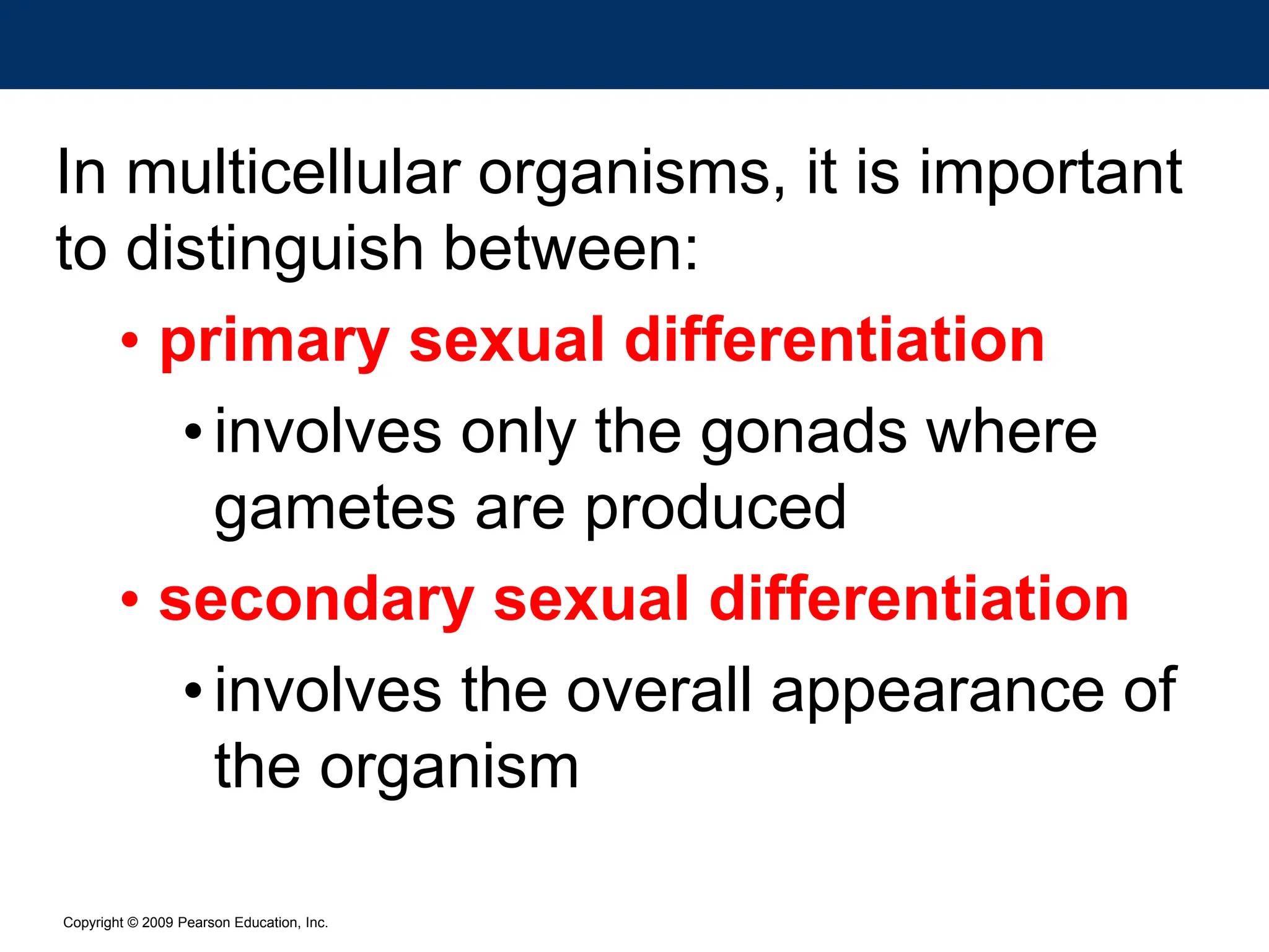 Copyright © 2009 Pearson Education, Inc.
In multicellular organisms, it is important
to distinguish between:
• primary sexual differentiation
•involves only the gonads where
gametes are produced
• secondary sexual differentiation
•involves the overall appearance of
the organism
 