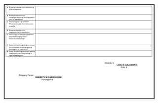 A. Bilangng mag-aaral na nakakuha ng
80% sa pagtataya
B. Bilangngmag-aaral na
nangangailangan ngiba panggawain
para sa remediation
C. Nakatulongba ang remedial?
Bilangngmag-aaral na nakaunawa
sa aralin.
D. Bilangngmag-aaral na
magpapatuloy sa remediation
E. Alin sa mga istratehiyangpagtuturo
ang nakatulongng lubos?
Paano ito nakatulong?
F. Anong suliranin angakingnaranasan
na solusyunan sa tulongngaking
punongguro at superbisor?
G. Anong kagamitangpanturo angaking
nadibuho na nais kongibahagi sa
mga kapwa ko guro?
Inihanda ni:
LOIDAD. GALLANERA
GUro III
Binigyang Pansin:
MARIBETH M. CABISCUELAS
Punungguro II
 