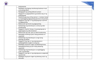 114
pangungusap
Naibibigay ang bagong natuklasang kaalaman mula
sa binasang teksto
Nakaguguhit ng sariling editorial cartoon
Nagagamit sa pagpapakilala ng produkto ang uri ng
pangungusap
Naipahahayag ang sariling opinyon o reaskyon batay
sa napakinggang pagpupulong (pormal at di-pormal)
Nagagamit ang mga uri ng pangungusap sa pormal
na pagpupulong
Nakasusulat ng minutes ng pagpupulong
Naibabahagi ang obserbasyon sa iskrip ng radio
broadcasting
Nagagamit ang iba’t ibang uri ng pangungusap sa
pagsasagawa ng radio broadcast
Nakasusulat ng script para sa radio broadcasting
Nakapagha hambing ng iba’t ibang patalastas na
napanood
Naibabahagi ang obserbasyon sa mga taong
kabahagi ng debate
Nagagamit ang mga uri ng pangungusap sa
pakikipagdebate tungkol sa isang isyu
Naibibigay ang buod o lagom ng debateng binasa
Nakapaghahambing ng iba’t ibang debateng
napanood
Naibabahagi ang obserbasyon sa napakinggang
script ng teleradyo
Nagagamit ang mga uri ng pangungusap sa pagsasabi
ng pananaw
Naibibigay ang buod o lagom ng tekstong script ng
teleradyo
 