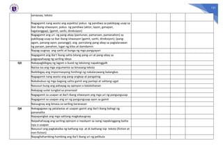 121
sanaysay, teksto
Nagagamit nang wasto ang aspekto/ pokus ng pandiwa sa pakikipag-usap sa
ibat ibang sitwasyon, pokus ng pandiwa (aktor, layon, ganapan,
tagatanggap), (gamit, sanhi, direksiyon)
Nagagamit ang uri ng pang-abay (panlunan, pamaraan, pamanahon) sa
pakikipag-usap sa ibat ibang sitwasyon (gamit, sanhi, direksiyon); (pang-
agam, panang-ayon, pananggi); ang pariralang pang-abay sa paglalarawan
ng paraan, panahon, lugar ng kilos at damdamin
Napag-uugnay ang sanhi at bunga ng mga pangyayari
Nagagamit ang iba’t ibang salita bilang pang-uri at pang-abay sa
pagpapahayag ng sariling ideya
Q3 Nakapagbibigay ng lagom o buod ng tekstong napakinggaN
Naiisa-isa ang mga argumento sa binasang teksto
Naibibigay ang impormasyong hinihingi ng nakalarawang balangkas
Nagagamit nang wasto ang pang-angkop at pangatnig
Nakabubuo ng mga bagong salita gamit ang panlapi at salitang-ugat
Nasusuri kung ang pahayag ay opinyon o katotohanan
Nakapag-uulat tungkol sa pinanood
Nagagamit sa usapan at iba’t ibang sitwasyon ang mga uri ng pangungusap
Nagagamit sa usapan ang uri ng pangungusap ayon sa gamit
Naiuugnay ang binasa sa sariling karanasan
Q4 Nakagagawa ng patalastas at usapan gamit ang iba’t ibang bahagi ng
pananalita
Napapangkat ang mga salitang magkakaugnay
Naipahahayag ang sariling opinyon o reaskyon sa isang napakinggang balita
isyu o usapan
Nasusuri ang pagkakaiba ng kathang isip at di-kathang isip teksto (fiction at
non-fiction)
Napaghahambing-hambing ang iba’t ibang uri ng pelikula
 