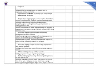 128
balagtasan
Nakapaglalahad sa paraang pasulat ng pagsang-ayon at
pagsalungat sa isang argumento
Nagagamit ang mga hudyat ng pagsang-ayon at pagsalungat
sa paghahayag ng opinyon
Naipahahayag ang pangangatuwiran sa napiling alternatibong
solusyon o proposisyon sa suliraning inilahad sa tekstong binasa
Naibibigay ang denotatibo at konotatibong kahulugan,
kasingkahulugan at kasalungat na kahulugan ng malalalim na
salitang ginamit sa akda
Nasusuri nang pasulat ang papel na ginagampanan ng sarsuwela sa
pagpapataas ng kamalayan ng mga Pilipino sa kultura ng iba’t ibang
rehiyon sa bansa
Naiuugnay ang tema ng napanood na programang
pantelebisyon sa akdang tinalakay
Naipaliliwanag nang maayos ang pansariling kaisipan, pananaw,
opinyon at saloobin kaugnay ng akdang tinalakay
Nagagamit ang iba’t ibang paraan ng pagpapahayag (pag-iisa-isa,
paghahambing, at iba pa) sa pagsulat ng sanaysay
Naiuugnay ang mga kaisipan sa akda sa mga kaganapan sa
sarili, lipunan, at daigdig
Nabibigyang kahulugan ang mga simbolo at pahiwatig na ginamit
sa akda
*Nakasusulat ng wakas ng maikling kuwento
Nabibigyang interpretasyon ang tulang napakinggan
Naihahambing ang anyo at mga elemento ng tulang binasa sa
iba pang anyo ng tula
Naisusulat ang isang orihinal na tulang may masining na antas ng
wika at may apat o higit pang saknong sa alinmang anyong
tinalakay, gamit ang paksang pag-ibig sa kapwa, bayan o kalikasan
 