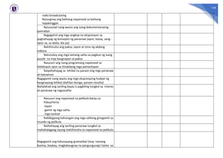 130
radio broadcasting
Naiuugnay ang balitang napanood sa balitang
napakinggan
Naisusulat nang wasto ang isang dokumentaryong
panradyo
Nagagamit ang mga angkop na ekspresyon sa
paghahayag ng konsepto ng pananaw (ayon, batay, sang-
ayon sa, sa akala, iba pa)
Nahihinuha ang paksa, layon at tono ng akdang
nabasa
Natutukoy ang mga tamang salita sa pagbuo ng isang
puzzle na may kaugnayan sa paksa
Nasusuri ang isang programang napanood sa
telebisyon ayon sa itinakdang mga pamantayan
Naipahahayag sa lohikal na paraan ang mga pananaw
at katuwiran
Nagagamit nang wasto ang mga ekspresyong hudyat ng
kaugnayang lohikal (dahilan-bunga, paraan-resulta)
Nailalahad ang sariling bayas o pagkiling tungkol sa interes
at pananaw ng nagsasalita
Nasusuri ang napanood na pelikula batay sa:
Paksa/tema
-layon
-gamit ng mga salita
-mga tauhan
Nabibigyang kahulugan ang mga salitang ginagamit sa
mundo ng pelikula
Naihahayag ang sariling pananaw tungkol sa
mahahalagang isyung mahihinuha sa napanood na pelikula
Nagagamit ang kahusayang gramatikal (may tamang
bantas, baybay, magkakaugnay na pangungusap/ talata sa
 