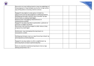 139
Naisusulat muli ang maikling kuwento nang may pagbabago sa
ilang pangyayari at mga katangian ng sinuman sa mga tauhan;
ang sariling wakas sa naunang alamat na binasa
Nagagamit ang angkop na pang-ugnay na hudyat ng
pagsusunod-sunod ng mga pangyayari sa lilikhaing kuwento
Nabibigyang-kahulugan ang kilos, gawi at karakter ng mga
tauhan batay sa usapang napakinggan
Napatutunayan ang pagiging makatotohanan/ di
makatotohanan ng akda
Nagagamit ang mga pang-abay na pamanahon , panlunan at
pamaraan sa pagbuo ng alamat
Nahuhulaan ang maaaring mangyari sa akda batay sa ilang
pangyayaring napakinggan
Nailalarawan ang natatanging kulturang Asyano na
masasalamin sa epiko
Nabibigyang-katangian ang isa sa mga itinuturing na bayani ng
alinmang bansa sa Kanlurang Asya
Nagagamit ang mga angkop na salita sa paglalarawan ng
kulturang Asyano at bayani ng Kanlurang Asya
Naiisa-isa ang kultura ng Kanluraning Asyano mula sa mga
akdang pampanitikan nito *
 