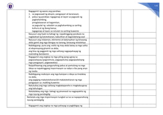 143
Nagagamit ng wasto ang pandiwa
1. sa pagsasaad ng aksyon, pangyayari at karanasan;
2. pokus ng pandiwa: tagaganap at layon sa pagsulat ng
paghahambing,
pinaglalaaanan at kagamitan,
sa pagsulat ng saloobin sa paghahambing sa sariling
kultura at ng ibang bansa;
tagaganap at layon sa isinulat na sariling kuwento
Nasusuri ang tiyak na bahagi ng napakinggang parabula na
naglalahad ng katotohanan, kabutihan at kagandahang-asal
Nasusuri ang nilalaman, elemento at kakanyahan ng binasang
akda gamit ang mga ibinigay na tanong; binasang mitolohiya
Nabibigyang- puna ang estilo ng may-akda batay sa mga salita
at ekspresyong ginamit sa akda;
ang bisa ng paggamit ng mga salitang nagpapahayag ng
matinding damdamin
Nagagamit ang angkop na mga piling pang-ugnay sa
pagsasalaysay (pagsisimula, pagpapatuloy pagpapadaloyng
mga pangyayari, pagwawakas)
Naipaliliwanag ang pangunahing paksa at pantulong na mga
ideya sa napakinggang impormasyon sa radyo o iba pang anyo
ng media
Nabibigyang-reaksiyon ang mga kaisipan o ideya sa tinalakay
na akda,
ang pagiging makatotohanan/di-makatotohanan ng mga
pangyayari sa maikling kuwento
Natutukoy ang mga salitang magkakapareho o magkakaugnay
ang kahulugan
Natatalakay ang mga bahagi ng pinanood na nagpapakita ng
mga isyung pandaigdig
Naitatala ang mga impormasyon tungkol sa isa sa napapanahong
isyung pandaigdig
Nagagamit ang angkop na mga pahayag sa pagbibigay ng
 