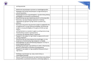 144
sariling pananaw
Nahihinuha ang katangian ng tauhan sa napakinggang epiko
Naibibigay ang sariling interpretasyon sa mga kinaharap na
suliranin ng tauhan
Napapangatuwiranan ang kahalagahan ng epiko bilang akdang
pandaigdig na sumasalamin ng isang bansa
Naipaliliwanag ang mga alegoryang ginamit sa binasang akda
Natutukoy ang mga bahaging napanood na tiyakang
nagpapakita ng ugnayan ng mga tauhan sa puwersa ng
kalikasan
Naisusulat nang wasto ang pananaw tungkol sa pagkakaiba-iba
at pagkakatulad ng mga epikong pandaigdig; ang paliwanag
tungkol sa isyung pandaigdig na iniuugnay sa buhay ng mga
Pilipino;
sariling damdamin at saloobin tungkol sa sariling kultura kung
ihahahambing sa kultura ng ibang bansa;
suring-basa ng nobelang nabasa o napanood
Nagagamit ang angkop na mga hudyat sa pagsusunod-sunod
ng mga pangyayari
Naipaliliwanag ang ilang pangyayaring napakinggan na may
kaugnayan sa kasalukuyang mga pangyayari sa daigdig
Nakapagbibigay ng mga halimbawang pangyayari sa tunay na
buhay kaugnay ng binasa)
Nabibigyang-kahulugan ang mahihirap na salita o ekspresyong
ginamit sa akda batay sa konteksto ng pangungusap
Nagagamit ang angkop na mga panghalip bilang panuring sa
mga tauhan
Naibibigay ang katangian ng isang tauhan batay sa
napakinggang diyalogo
Nasusuri ang binasang kabanata ng nobela bilang isang akdang
pampanitikan sa pananaw humanismo o alinmang angkop na
 