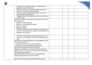 151
Naisasalaysay ang magkakaugnay na mga pangyayari sa
pagkakasulat ng El Filibusterismo
Naisusulat ang buod ng kaligirang pangkasaysayan ng EL
Filibusterismo batay sa ginawang timeline
Naitatala ang mahahalagang impormasyon mula sa iba’t
ibang pinagkukunang sanggunian
Nagagamit ang iba-ibang reperensya/ batis ng impormasyon
sa pananaliksik
Natutukoy ang papel na ginampanan ng mga tauhan sa akda sa
pamamagitan ng:
- pagtunton sa mga pangyayari
- pagtukoy sa mga tunggaliang naganap
- pagtiyak sa tagpuan
- pagtukoy sa wakas
Nabibigyang-kahulugan ang matatalingha-gang pahayag na
ginamit sa binasang kabanata ng nobela sa pamamagitan ng
pagbibigay ng halimbawa
Naiuugnay sa kasalukuyang mga pangyayaring napanood
sa video clip ang pangyayari sa panahon ng pagkakasulat ng
akda
Naibabahagi ang ginawang pagsusuri sa napakinggang buod ng
binasang akda batay sa:
- katanpagkamakato-tohanan ng mga pangyayari
- tunggalian sa bawat kabanatagian ng mga tauhan
Naisusulat ang buod ng binasang mga kabanata
Nagagamit sa pagbubuod ang tamang mekaniks sa pagsulat
(baybay, bantas, at iba pa), gayundin ang wastong pag-uugnay
ng mga pangungusap/ talata
Naipahahayag ang sariling paniniwala at pagpapahalaga
kaugnay ng mga kaisipang namayani sa akda
Nasusuri ang mga kaisipang lutang sa akda (Diyos, bayan,
 