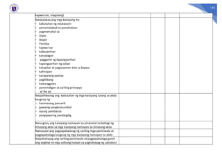 152
kapwa-tao, magulang)
Natatalakay ang mga kaisipang ito:
- kabuluhan ng edukasyon
- pamamalakad sa pamahalaan
- pagmamahal sa:
- Diyos
- Bayan
- Pamilya
- kapwa-tao
- kabayanihan
- karuwagan
- paggamit ng kapangyarihan
- kapangyarihan ng salapi
- kalupitan at pagsasaman-tala sa kapwa
- kahirapan
- karapatang pantao
- paglilibang
- kawanggawa
- paninindigan sa sariling prinsipyo
at iba pa
Naipaliliwanag ang kabuluhan ng mga kaisipang lutang sa akda
kaugnay ng :
- karanasang pansarili
- gawaing pangkomunidad
- isyung pambansa
- pangyayaring pandaigdig
Naiuugnay ang kaisipang namayani sa pinanood na bahagi ng
binasang akda sa mga kaisipang namayani sa binasang akda
Naisusulat ang pagpapaliwanag ng sariling mga paniniwala at
pagpapahalaga kaugnay ng mga kaisipang namayani sa akda
Naipahahayag ang sariling paniniwala at pagpapahalaga gamit
ang angkop na mga salitang hudyat sa paghahayag ng saloobin/
 