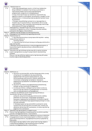 75
Week 4/
1st Q
Napatutunayan na:
a. May mga pangangailangan ang tao na hindi niya makakamtan
bilang indibidwal na makakamit niya lamang sa pamahalaan o
organisadong pangkat tulad ng mga pangangailangang
pangkabuhayan, pangkultural, at pangkapayapaan.
b. Kung umiiral ang Prinsipyo ng Subsidiarity, mapananatili ang
pagkukusa, kalayaan at pananagutan ng pamayanan o pangkat na nasa
mababang antas at maisasaalang-alang ang dignidad ng bawat kasapi
ng pamayanan.
c. Kailangan ang pakikibahagi ng bawat tao sa mga pagsisikap na
mapabuti ang uri ng pamumuhay sa lipunan/bansa, lalo na sa pag-
angat ng kahirapan, dahil nakasalalay ang kaniyang pag-unlad sa pag-
unlad ng lipunan (Prinsipyo ng Pagkakaisa).
Nakapagtataya o nakapaghuhusga kung umiiral ang Prinsipyo ng
Subsidiarity at Pagkakaisa ay umiiral o nilalabag sa pamilya, paaralan,
pamayanan (baranggay), at lipunan/bansa
Week 5/
1st Q
Nakikilala ang mga katangian ng mabuting ekonomiya
Nakapagsusuri ng maidudulot ng magandang ekonomiya
Week 6/
1st Q
Napatutunayan na:
a. Ang mabuting ekonomiya ay iyong napauunlad ang lahat – walang
taong sobrang mayaman at
maraming mahirap.
b. Ang ekonomiya ay hindi para lamang sa sariling pag-unlad kundi sa
pag-unlad ng lahat.
Nakatataya ng lipunang ekonomiya sa isang baranggay/pamayanan, at
lipunan/bansa gamit ang dokumentaryo o photo/video journal
(hal.YouScoop)
Week 7/
1st Q
Natutukoy ang mga halimbawa ng lipunang sibil at ang kani-kaniyang
papel na ginagampanan ng mga ito upang makamit ang kabutihang
panlahat
Nasusuri ang mga adhikaing nagbubunsod sa mga lipunang sibil upang
kumilos tungo sa kabutihang panlahat
76
Week 8/
1st Q
Nahihinuha na :
a. Ang layunin ng Lipunang Sibil, ang likas-kayang pag-unlad, ay isang
ulirang lipunan na pinagkakaisa ang mga panlipunang
pagpapahalaga tulad ng katarungang panlipunan, pang-
ekonomiyang pag-unlad (economic viability), pakikilahok ng
mamamayan, pangangalaga ng kapaligiran, kapayapaan,
pagkakapantay ng kababaihan at kalalakihan (gender equality) at
ispiritwalidad.
b. Ang layunin ng media ay ang pagpapalutang ng katotohanang
kailangan ng mga mamamayan sa pagpapasya.
c. Sa tulong ng simbahan, nabibigyan ng mas mataas na antas ng
katuturan ang mga materyal na pangangailangan na tinatamasa
natin sa tulong ng estado at sariling pagkukusa.
a. Natataya ang adbokasiya ng iba’t ibang lipunang sibil batay sa
kontribusyon ng mga ito sa katarungang
panlipunan, pang-ekonomiyang pag-unlad (economic viability),
pakikilahok ng mamamayan, pangangalaga ng kapaligiran,
kapayapaan, pagkakapantay ng kababaihan at kalalakihan (gender
equality) at ispiritwalidad (mga pagpapahalagang kailangan sa isang
lipunang sustainable)
b. Nakapagsasagawa ng mga pananaliksik sa pamayanan upang
matukoy kung may lipunang sibil na kumikilos dito, matukoy ang
adbokasiya ng lipunang sibil sa pamayanan, at matasa ang antas ng
pagganap nito sa pamayanan
Week 1/
2nd Q
Natutukoy ang mga karapatan at tungkulin ng tao
Nasusuri ang mga paglabag sa karapatang pantao na umiiral sa pamilya,
paaralan, baranggay/pamayanan, o lipunan/bansa
Week 2/
2nd Q
Napatutunayan na ang karapatan ay magkakaroon ng tunay na kabuluhan
kung gagampanan ng tao ang kanyang tungkulin na kilalanin at unawain,
gamit ang kanyang katwiran, ang pagkakapantay-pantay ng dignidad ng
lahat ng tao
Naisasagawa ang mga angkop na kilos upang ituwid ang mga nagawa o
naobserbahang paglabag sa mga karapatang-pantao sa pamilya,
paaralan, baranggay/pamayanan, o lipunan/bansa
 