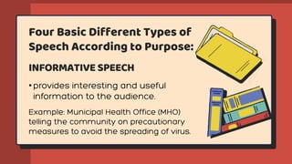 Four Basic Different Types of
Speech According to Purpose:
•
INFORMATIVE SPEECH