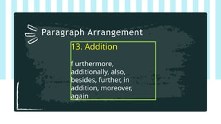 13. Addition
f urthermore,
additionally, also,
besides, further, in
addition, moreover,
again
Paragraph Arrangement
 