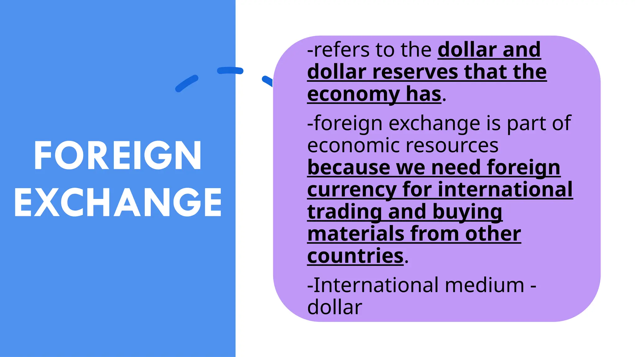 FOREIGN
EXCHANGE
-refers to the dollar and
dollar reserves that the
economy has.
-foreign exchange is part of
economic resources
because we need foreign
currency for international
trading and buying
materials from other
countries.
-International medium -
dollar
 