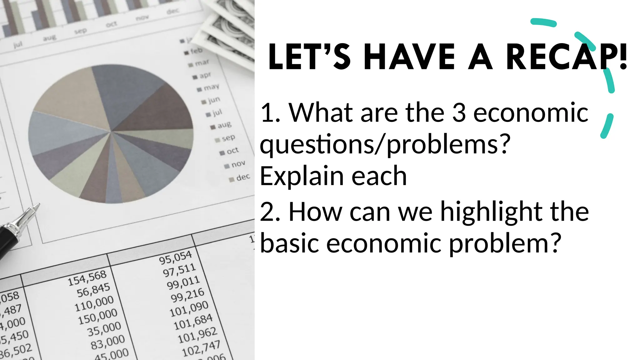 LET’S HAVE A RECAP!
1. What are the 3 economic
questions/problems?
Explain each
2. How can we highlight the
basic economic problem?
 