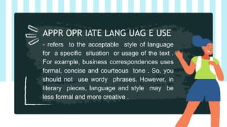 Wordy Text PROPERTIES OF A WELL WRITTEN TEXT MECHANICS | PPTX
