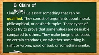 Reading and Writing/ Critical Reading, types of claims | PPTX