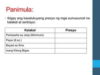 Panimula:
• Ibigay ang kasalukuyang presyo ng mga sumusunod na
kalakal at serbisyo:
Kalakal Presyo
Pamasahe sa Jeep (Minimum)
Pepsi (8 oz.)
Bayad sa Sine
Isang Kilong Bigas
 