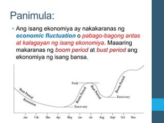 Panimula:
• Ang isang ekonomiya ay nakakaranas ng
economic fluctuation o pabago-bagong antas
at kalagayan ng isang ekonomiya. Maaaring
makaranas ng boom period at bust period ang
ekonomiya ng isang bansa.
 