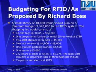 Budgeting For RFID/As Proposed By Richard Boss   A small library of 40,000 items should plan on a minimum budget of $70,000 for an RFID system. The shopping list would consist of:  40,000 tags @ $0.85 = $34,000  One programmer/converter rental (three weeks) $750 Two staff stations @ $2,500 = $5,000  Two exit sensors @ $4,000 = $8,000 One wireless portable scanner $4,500  One server $15,000  222 hours of labor @ $8.00 = $1,775. The labor cost assumes a conversion rate of three tags per minute.  Carpentry and electrical $975 