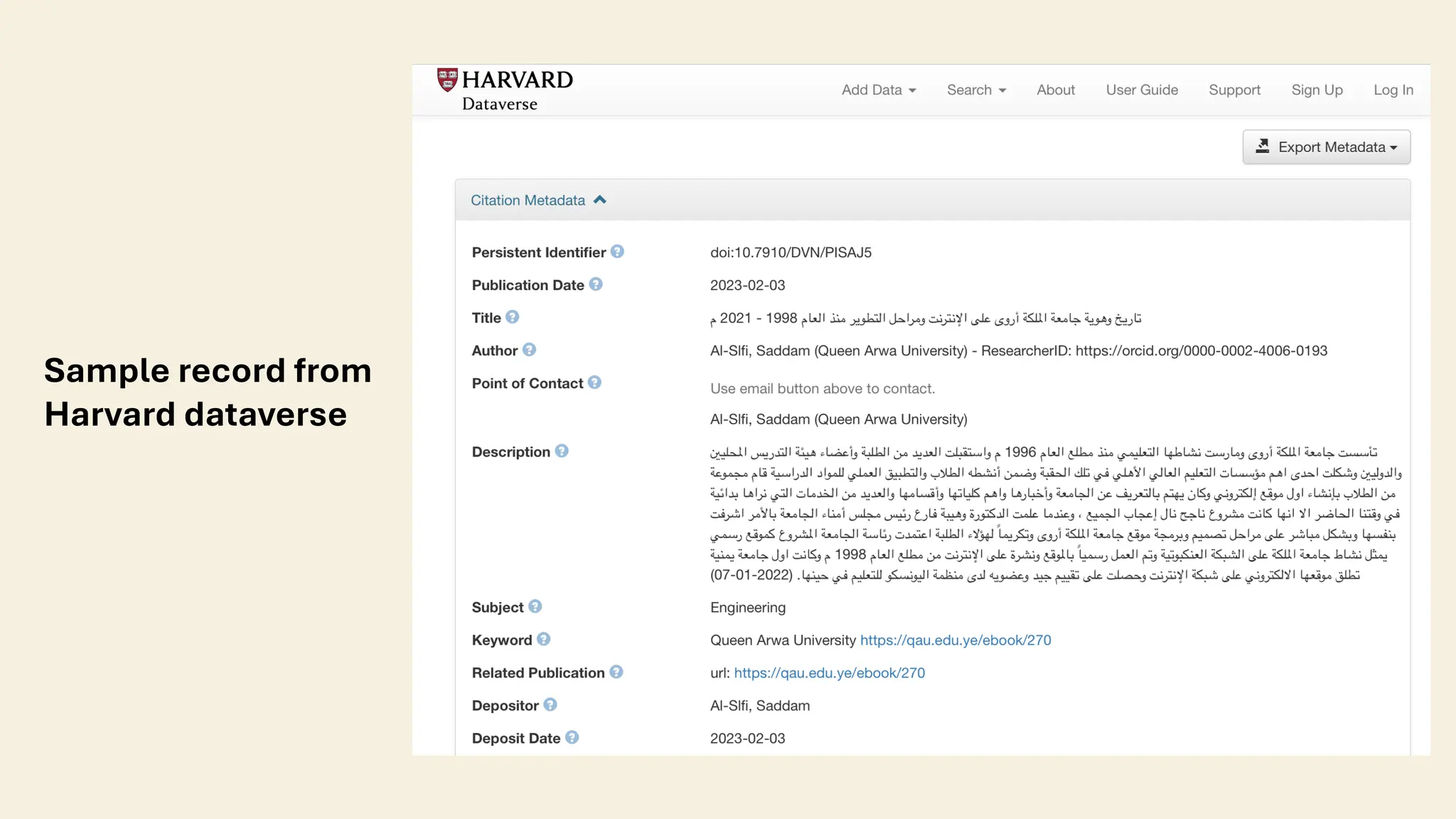 Sample record from
Harvard dataverse
 