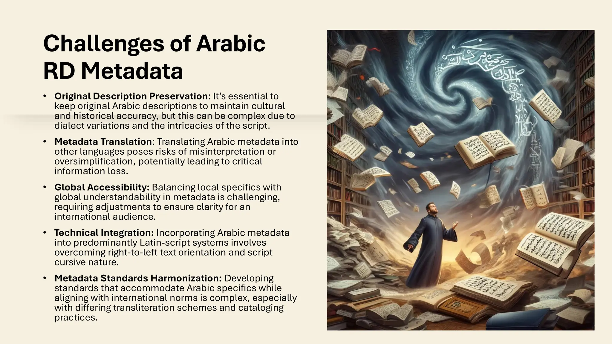 Challenges of Arabic
RD Metadata
• Original Description Preservation: It’s essential to
keep original Arabic descriptions to maintain cultural
and historical accuracy, but this can be complex due to
dialect variations and the intricacies of the script.
• Metadata Translation: Translating Arabic metadata into
other languages poses risks of misinterpretation or
oversimplification, potentially leading to critical
information loss.
• Global Accessibility: Balancing local specifics with
global understandability in metadata is challenging,
requiring adjustments to ensure clarity for an
international audience.
• Technical Integration: Incorporating Arabic metadata
into predominantly Latin-script systems involves
overcoming right-to-left text orientation and script
cursive nature.
• Metadata Standards Harmonization: Developing
standards that accommodate Arabic specifics while
aligning with international norms is complex, especially
with differing transliteration schemes and cataloging
practices.
 