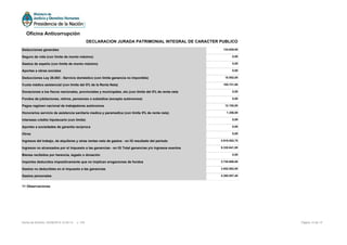 11 Observaciones
Deducciones generales 134.629,00
Seguro de vida (con límite de monto máximo) 0,00
Gastos de sepelio (con límite de monto máximo) 0,00
Aportes a obras sociales 0,00
Deducciones Ley 26.083 - Servicio doméstico (con límite ganancia no imponible) 15.552,00
Cuota médico asistencial (con limite del 5% de la Renta Neta) 105.721,00
Donaciones a los fiscos nacionales, provinciales y municipales, etc.(con límite del 5% de renta neta 0,00
Fondos de jubilaciones, retiros, pensiones o subsidios (excepto autónomos) 0,00
Pagos regimen nacional de trabajadores autónomos 12.100,00
Honorarios servicio de asistencia sanitaria medica y paramedica (con limite 5% de renta neta) 1.256,00
Intereses crédito hipotecario (con límite) 0,00
Aportes a sociedades de garantía reciproca 0,00
Otros 0,00
Ingresos del trabajo, de alquileres y otras rentas neto de gastos - en IG resultado del período 4.916.552,75
Ingresos no alcanzados por el impuesto a las ganancias - en IG Total ganancias y/o ingresos exentos 9.330.641,00
Bienes recibidos por herencia, legado o donación 0,00
Importes deducidos impositivamente que no implican erogaciones de fondos 3.720.686,00
Gastos no deducibles en el impuesto a las ganancias 3.852.882,00
Gastos personales 4.265.057,40
Página 12 de 12Fecha de Emisión: 02/06/2016 14:35:14 v: 104
Oficina Anticorrupción
DECLARACION JURADA PATRIMONIAL INTEGRAL DE CARACTER PUBLICO
 