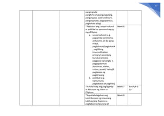 43
pangingisda,
panghihiram/pangungutang,
pangangaso, slash and burn,
pangangayaw, pagpapanday,
paghahabi atbp)
* Nasusuri ang sosyo-kultural
at politikal na pamumuhay ng
mga Pilipino
a. sosyo-kultural (e.g.
pagsamba (animismo,
anituismo, at iba pang
ritwal,
pagbabatok/pagbabatik
, paglilibing
(mummification
primary/ secondary
burial practices),
paggawa ng bangka e.
pagpapalamuti
(kasuotan, alahas,
tattoo, pusad/ halop) f.
pagdaraos ng
pagdiriwang
b. politikal (e.g.
namumuno,
pagbabatas at paglilitis)
Week 6
*Natatalakay ang paglaganap
at katuruan ng Islam sa
Pilipinas.
Week 7 AP5PLP-Ii-
10
*Napahahalagahan ang
kontribusyon ng sinaunang
kabihasnang Asyano sa
pagkabuo ng lipunang at
Week 8
 