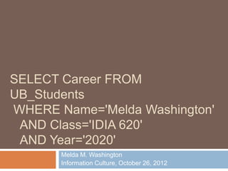 SELECT Career FROM
UB_Students
WHERE Name='Melda Washington'
 AND Class='IDIA 620'
 AND Year='2020'
       Melda M. Washington
       Information Culture, October 26, 2012
 