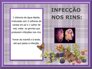 INFECÇÃO NOS RINS:1 chávena de águatépida, misturada com 2 colheres de canela empó e 1 colher de mel, mata  os germes que produzeminfecções nos rins. Tomar de manhã e à tarde, até que passe a infecção. 