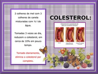 2 colheres de melcom 3 colheres de canela misturadas com ½ l de água.Tomadas 3 vezesaodia, reduzem o colesterol, em cerca de 10% empouco tempo.Tomado diariamente, elimina o colesterol por completo.COLESTEROL: