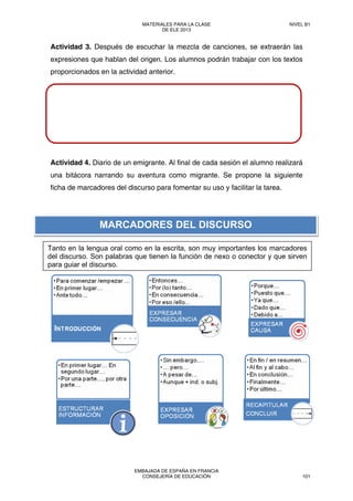 Actividad 3. Después de escuchar la mezcla de canciones, se extraerán las
expresiones que hablan del origen. Los alumnos podrán trabajar con los textos
proporcionados en la actividad anterior.
Actividad 4. Diario de un emigrante. Al final de cada sesión el alumno realizará
una bitácora narrando su aventura como migrante. Se propone la siguiente
ficha de marcadores del discurso para fomentar su uso y facilitar la tarea.
Tanto en la lengua oral como en la escrita, son muy importantes los marcadores
del discurso. Son palabras que tienen la función de nexo o conector y que sirven
para guiar el discurso.
MARCADORES DEL DISCURSO
MATERIALES PARA LA CLASE
DE ELE 2013
NIVEL B1
EMBAJADA DE ESPAÑA EN FRANCIA
CONSEJERÍA DE EDUCACIÓN 101
 