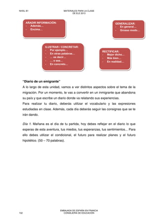 “Diario de un emigrante”
A lo largo de esta unidad, vamos a ver distintos aspectos sobre el tema de la
migración. Por un momento, te vas a convertir en un inmigrante que abandona
su país y que escribe un diario donde va relatando sus experiencias.
Para realizar tu diario, deberás utilizar el vocabulario y las expresiones
estudiadas en clase. Además, cada día deberás seguir las consignas que se te
irán dando.
Día 1. Mañana es el día de tu partida, hoy debes reflejar en el diario lo que
esperas de esta aventura, tus miedos, tus esperanzas, tus sentimientos... Para
ello debes utilizar el condicional, el futuro para realizar planes y el futuro
hipotético. (50 – 70 palabras).
AÑADIR INFORMACIÓN:
- Además…
- Encima…
RECTIFICAR:
- Mejor dicho…
- Más bien…
- En realidad…
GENERALIZAR:
- En general…
- Grosso modo…
ILUSTRAR / CONCRETAR:
- Por ejemplo…
- En otras palabras…
- … es decir…
- … o sea…
- En concreto…
NIVEL B1 MATERIALES PARA LA CLASE
DE ELE 2013
102
EMBAJADA DE ESPAÑA EN FRANCIA
CONSEJERÍA DE EDUCACIÓN
 