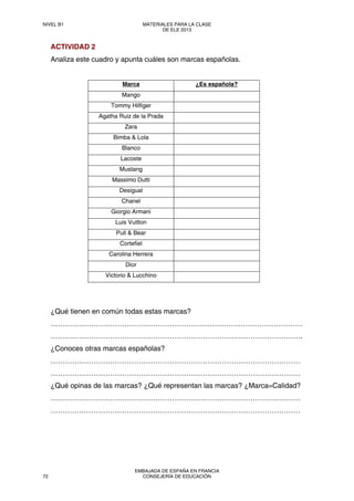 ACTIVIDAD 2
Analiza este cuadro y apunta cuáles son marcas españolas.
Marca ¿Es española?
Mango
Tommy Hilfiger
Agatha Ruiz de la Prada
Zara
Bimba & Lola
Blanco
Lacoste
Mustang
Massimo Dutti
Desigual
Chanel
Giorgio Armani
Luis Vuitton
Pull & Bear
Cortefiel
Carolina Herrera
Dior
Victorio & Lucchino
¿Qué tienen en común todas estas marcas?
……………………………………………………….……………………………………
…………………………………………………………………………………………….
¿Conoces otras marcas españolas?
……………………………………………………………………………………………
……………………………………………………………………………………………
¿Qué opinas de las marcas? ¿Qué representan las marcas? ¿Marca=Calidad?
……………………………………………………………………………………………
……………………………………………………………………………………………
NIVEL B1 MATERIALES PARA LA CLASE
DE ELE 2013
72
EMBAJADA DE ESPAÑA EN FRANCIA
CONSEJERÍA DE EDUCACIÓN
 