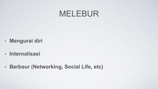 MELEBUR
• Mengurai diri
• Internalisasi
• Berbaur (Networking, Social Life, etc)
 