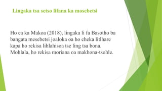 Lingaka tsa setso lifana ka mosebetsi
Ho ea ka Makoa (2018), lingaka li fa Basotho ba
bangata mesebetsi joaloka oa ho cheka litlhare
kapa ho rekisa lihlahisoa tse ling tsa bona.
Mohlala, ho rekisa moriana oa makhona-tsohle.
 