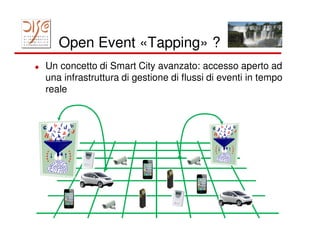 Open Event «Tapping» ?
Un concetto di Smart City avanzato: accesso aperto ad
una infrastruttura di gestione di flussi di eventi in tempo
reale
 